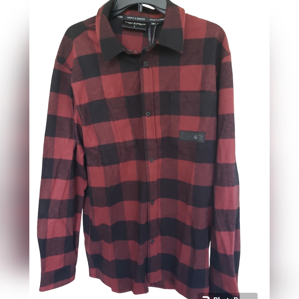 NWT Supply & Demand Gothic Check Flannel Shirt Maroon And Black Size L